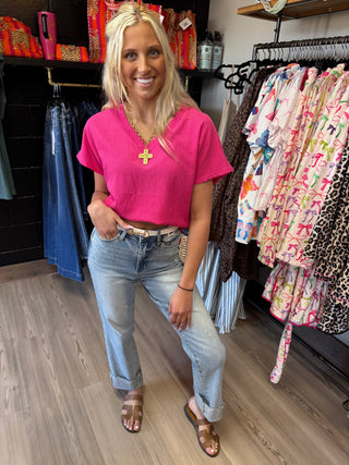 Crinkled V Neck Wide Sleeve T-shirt-Short Sleeves-option1]-small-kendra-kays-boutique