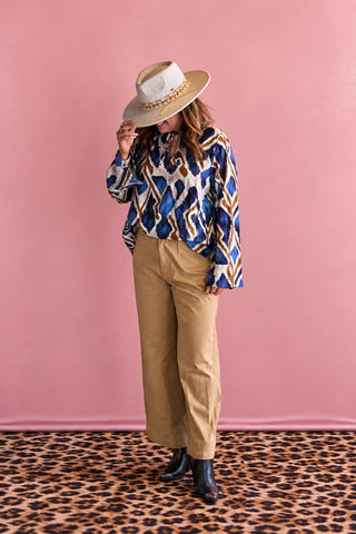 Ikat Print Tie-Neck Blouse
