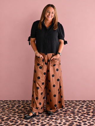Brown Polka Dot Wide Leg Elastic Waist Pants