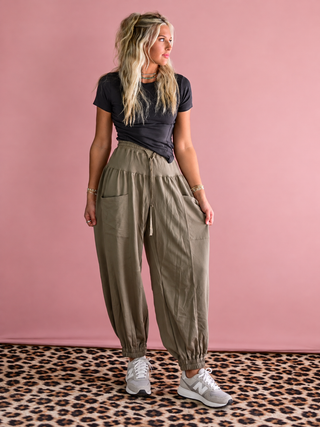 Olive Elastic Waist Drawstring Wide Leg Pants-Bottoms-option1]-kendra-kays-boutique