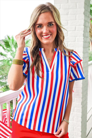 Flutter Sleeve Blouse- Patriotic Stripes-Short Sleeves-option1]-Small-kendra-kays-boutique