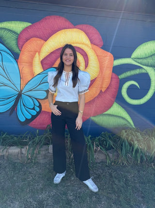 Blue Contrast Leopard Trim Split Neck Puff Sleeve Blouse-Short Sleeves-option1]-kendra-kays-boutique