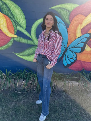 Red Stripe Patched Pocket Side Slit Loose Shirt-Long Sleeves-option1]-kendra-kays-boutique