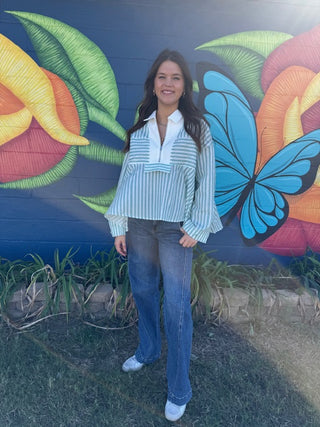 Green Stripe Half Zip Long Sleeve Swing Top-Long Sleeves-option1]-kendra-kays-boutique