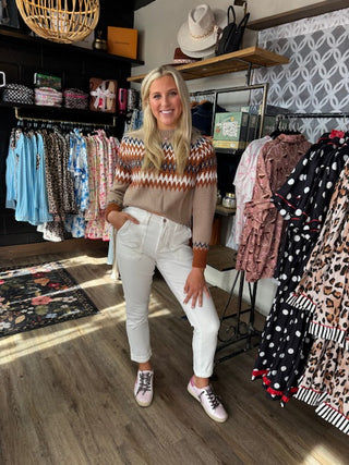 Aztec Print Color Block Crew Neck Sweater-Sweaters-option1]-kendra-kays-boutique