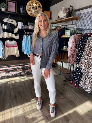 Black Stripe Button Up Oversized Casual Shirt-Long Sleeves-option1]-kendra-kays-boutique