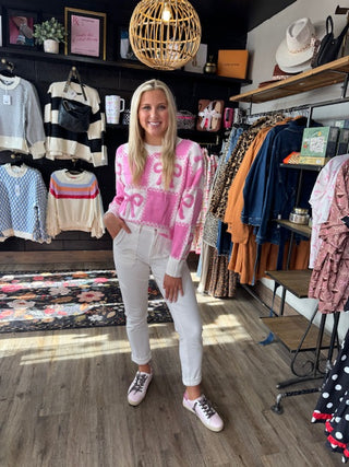Pink Bow Knot Two Tone Checkered Crew Neck Sweater-Long Sleeves-option1]-small-kendra-kays-boutique