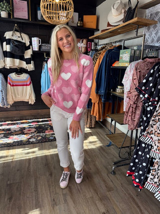 Pink Pearled Heart Print Valentines Crew Neck Sweater-Long Sleeves-option1]-small-kendra-kays-boutique