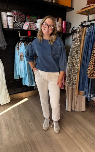 3/4 Sleeve Ruffled Patched Pocket Denim Blouse-Short Sleeves-option1]-kendra-kays-boutique