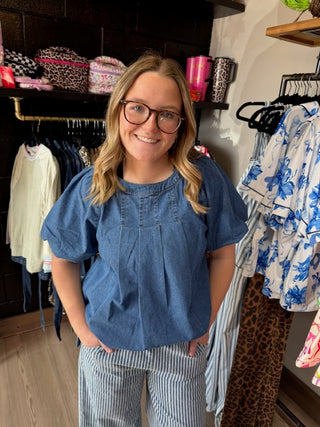 Denim Puff Sleeve Babydoll Top-option1]-kendra-kays-boutique