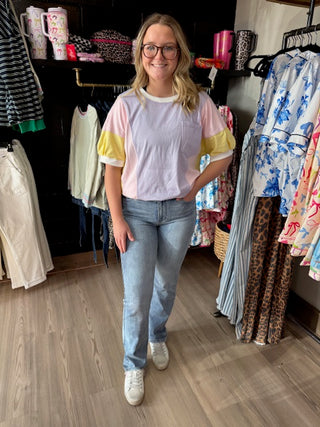 Purple Color Block Patchwork Half Sleeve Oversized T Shirt-Short Sleeves-option1]-kendra-kays-boutique