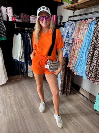 Orange Textured V Neck T Shirt and Shorts Set-Sets-option1]-kendra-kays-boutique