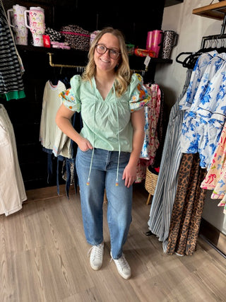 Floral Embroidered Puff Sleeve Split Neck Blouse-Short Sleeves-option1]-kendra-kays-boutique