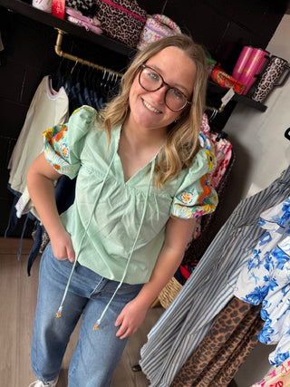 Floral Embroidered Puff Sleeve Split Neck Blouse-Short Sleeves-option1]-kendra-kays-boutique