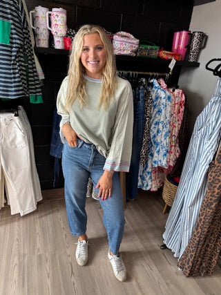 Meadow Mist Green Waffle Knit Wide Bracelet Sleeve Patchwork Raglan Top-Long Sleeves-option1]-kendra-kays-boutique