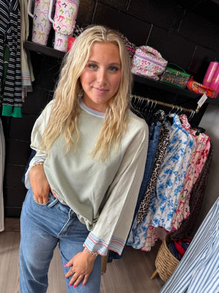 Meadow Mist Green Waffle Knit Wide Bracelet Sleeve Patchwork Raglan Top-Long Sleeves-option1]-kendra-kays-boutique