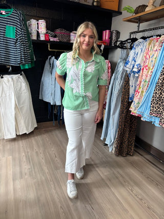 Floral Ric Rac Edge Puff Sleeve Button Up-Short Sleeves-option1]-small-kendra-kays-boutique