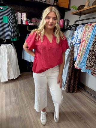 Red Dahlia Floral Embroidered Scallop Trim Short Sleeve V Neck Blouse-Short Sleeves-option1]-small-kendra-kays-boutique