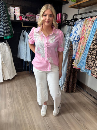 Floral Ric Rac Edge Puff Sleeve Button Up-Short Sleeves-option1]-small-kendra-kays-boutique