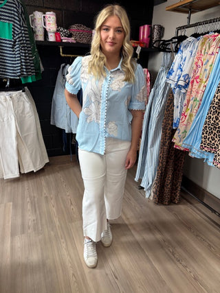 Floral Ric Rac Edge Puff Sleeve Button Up-Short Sleeves-option1]-small-kendra-kays-boutique