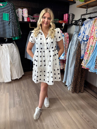 White Polka Dot Print Short Sleeve Collar Buttoned Tiered Babydoll Dress-Dresses-option1]-kendra-kays-boutique