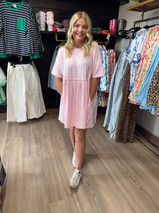 Light Pink Solid Color Pocketed Raw Edge Babydoll Dress-Dresses-option1]-kendra-kays-boutique