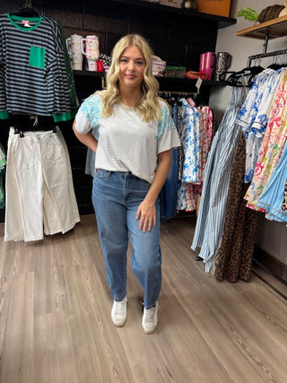 White Stripe Floral Insert Sleeves Contrast Round Neck Tee-Short Sleeves-option1]-kendra-kays-boutique