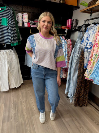 Purple Stripe Floral Color Block Raw Edge Patchwork-Short Sleeves-option1]-kendra-kays-boutique