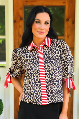 Tie Sleeve Top- Leopard/Red Stripes
