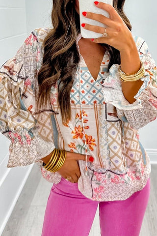 Multicolour Boho Floral Patched Ruffled Sleeve Tied Neck Blouse-Tops-option1]-kendra-kays-boutique