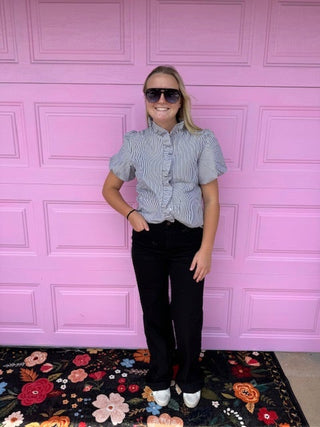 Black Striped Ruffle Short Bubble Sleeve Shirt-Short Sleeves-option1]-small-kendra-kays-boutique