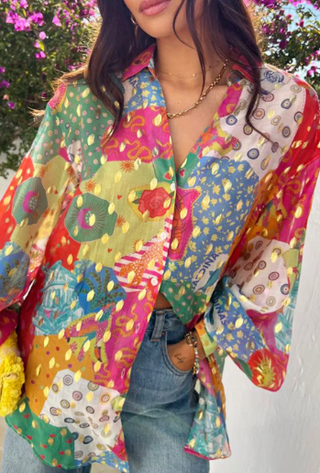 Rose Red Colorblock Abstract Print Button up Loose Shirt-Tops-option1]-small-kendra-kays-boutique