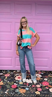 Stripped Color Block Round Neck Top-Short Sleeves-option1]-kendra-kays-boutique