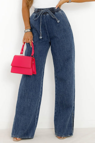Dark Blue Drawstring Elastic Waist Wide Leg Jeans-Jeans-option1]-kendra-kays-boutique