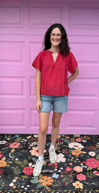 Red Dahlia Floral Embroidered Scallop Trim Short Sleeve V Neck Blouse-Short Sleeves-option1]-kendra-kays-boutique
