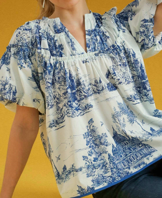 Toile Print Puff Sleeve Blouse-Short Sleeves-option1]-small-kendra-kays-boutique