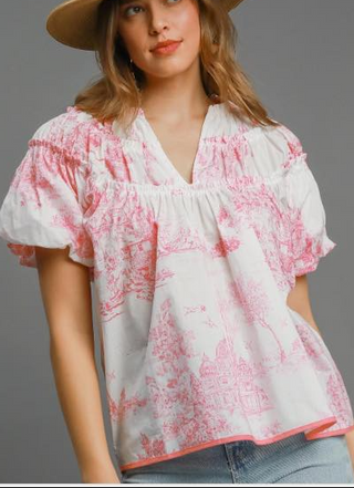 Toile Print Puff Sleeve Blouse-Short Sleeves-option1]-small-kendra-kays-boutique
