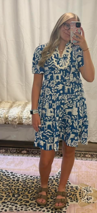 Blue Ricrac Trim Split Neck Floral Loose Dress-Dresses-option1]-kendra-kays-boutique