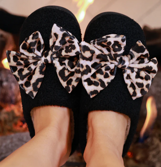 Cozy Bow Slippers- Black/Leopard-Shoes-option1]-kendra-kays-boutique