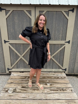 Black Button Up Tie Waist Puff Sleeve Mini Dress-Dresses-option1]-small-kendra-kays-boutique