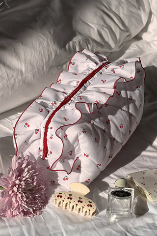White Quilted Cherry Printed Ruffled Zipper Makeup Bag-Bags-option1]-kendra-kays-boutique