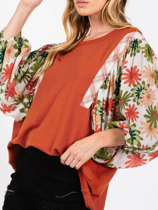 Floral Puff Sleeve Patchwork Round Neck Blouse-Long Sleeves-option1]-kendra-kays-boutique