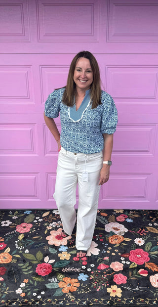 Blue Floral Striped Print Contrast Ric-rac Puff Sleeve Top-Short Sleeves-option1]-small-kendra-kays-boutique