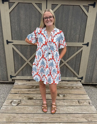 Palm Tree Printed Short Sleeve Flowy Dress-Dresses-option1]-kendra-kays-boutique