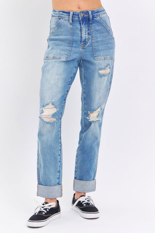 HIGH WAISTED PATCH POCKET & DESTROY BOYFRIEND-Jeans-option1]-kendra-kays-boutique