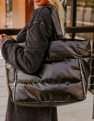 Black Solid Zipper Puffer Large Tote Bag-Bags-option1]-kendra-kays-boutique