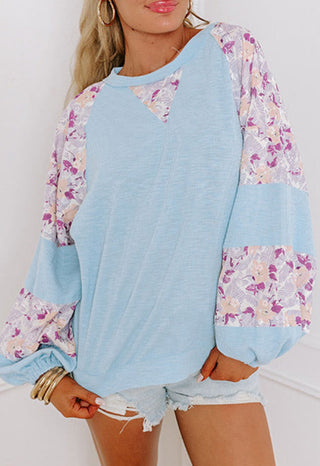 Textured Floral Patchwork Balloon Sleeve Blouse-Tops-option1]-kendra-kays-boutique