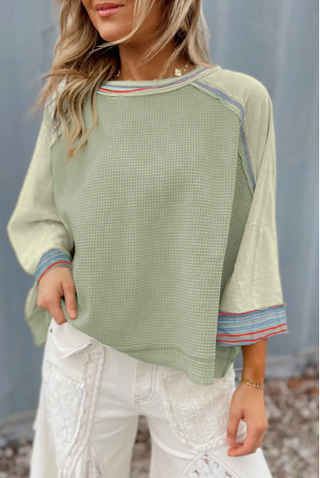 Meadow Mist Green Waffle Knit Wide Bracelet Sleeve Patchwork Raglan Top-Long Sleeves-option1]-kendra-kays-boutique