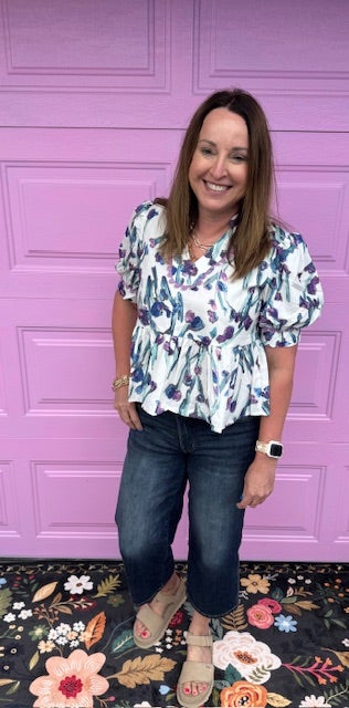 Purple Floral Ricrac Trim Half Sleeve Peplum Top-Short Sleeves-option1]-small-kendra-kays-boutique