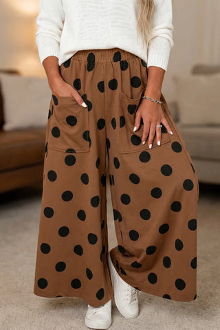 Brown Polka Dot Wide Leg Elastic Waist Pants